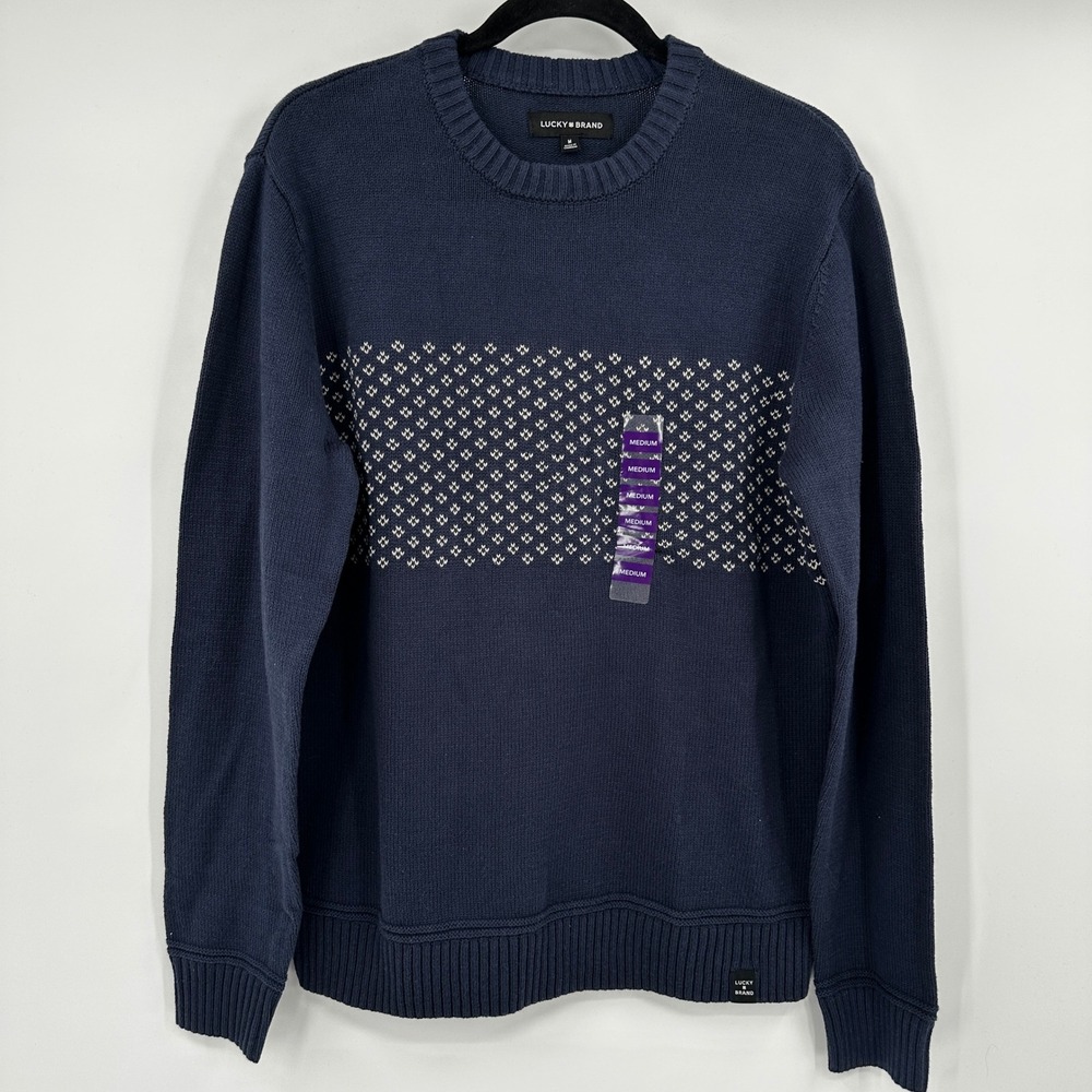 Lucky Brand Navy Blue Geometric Pattern Crew Neck‎ Sweater Classic Men's Medium